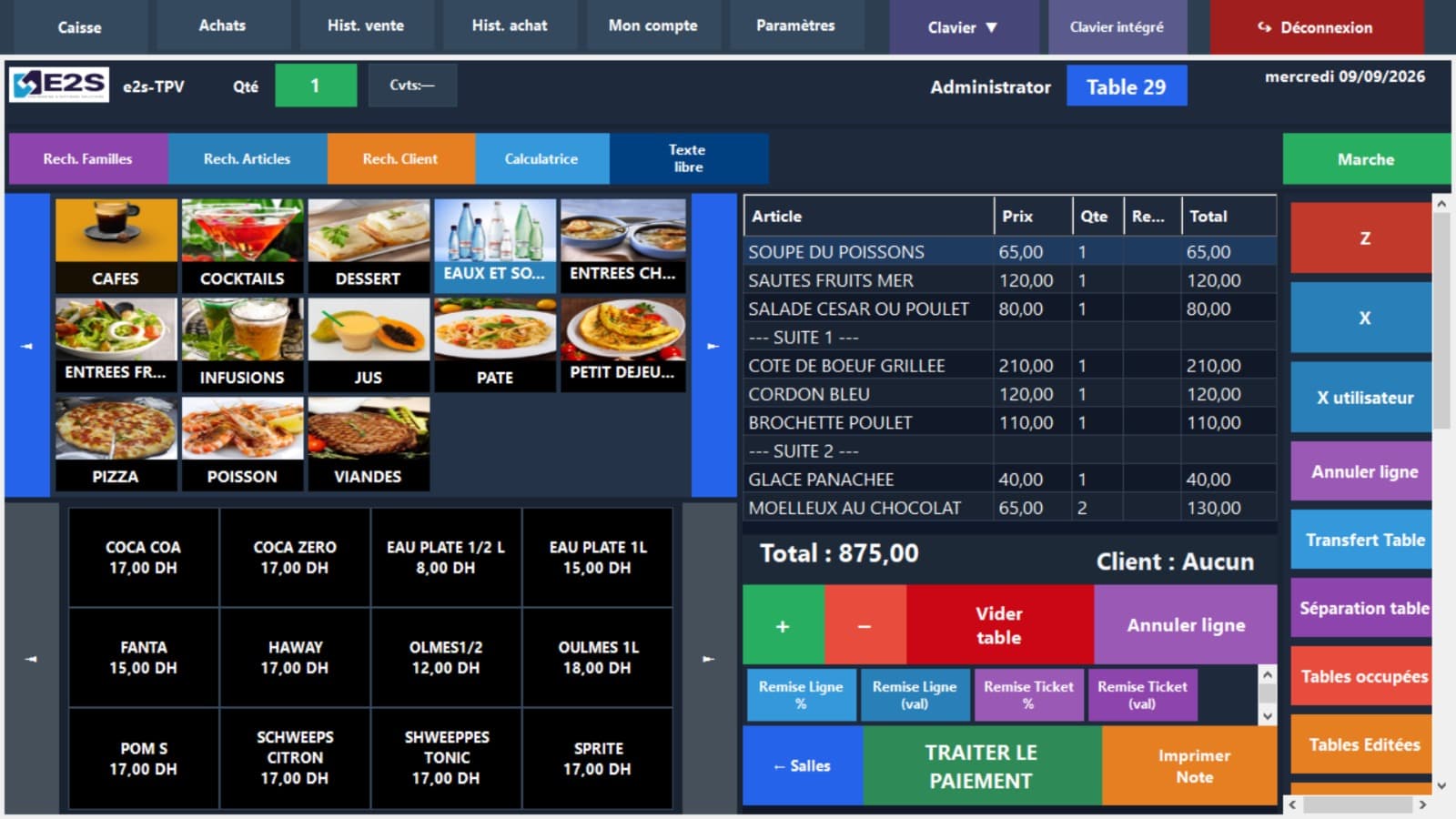 Interface de caisse e2s-TPV avec tables, familles d’articles et paiement